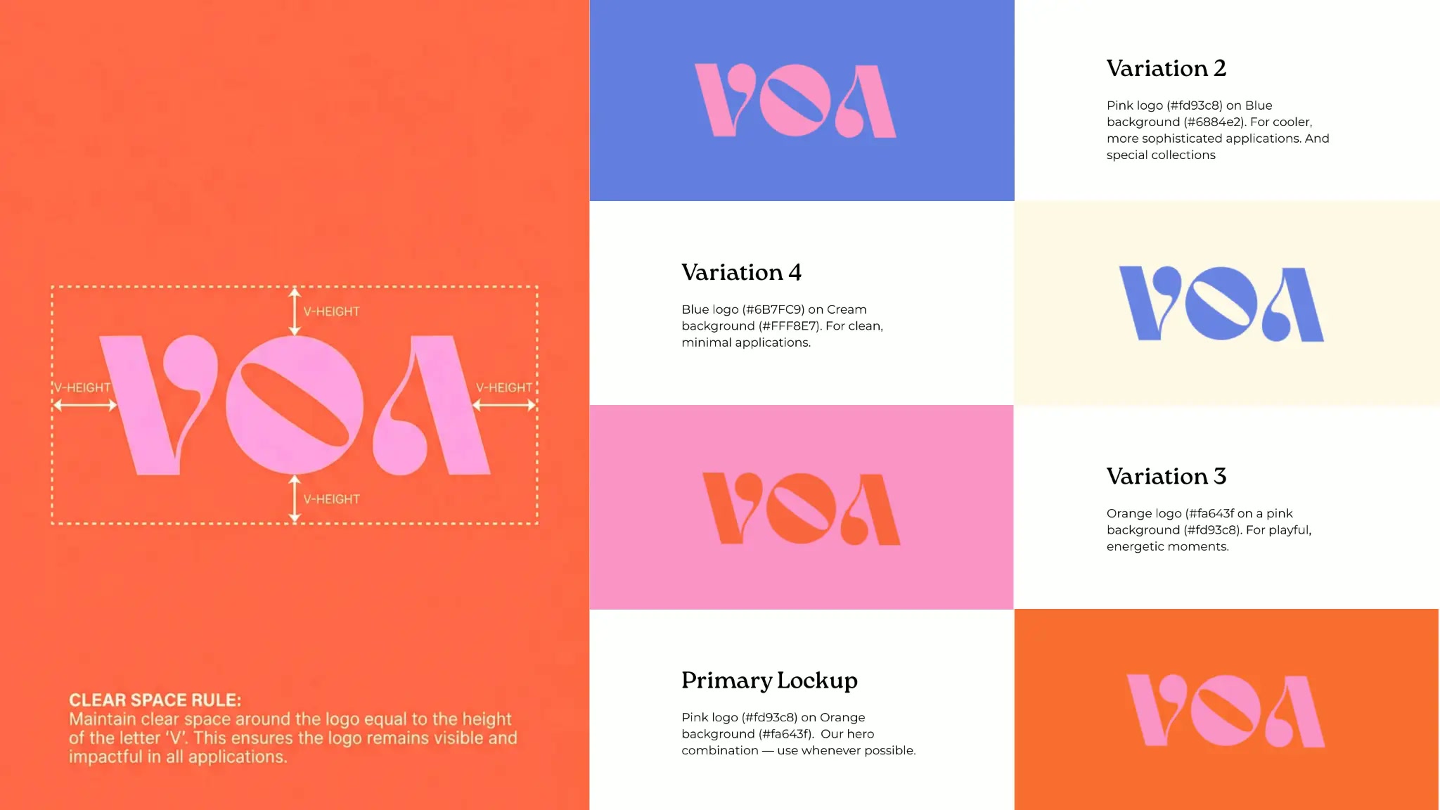 VOA logo system with typographic and color variations