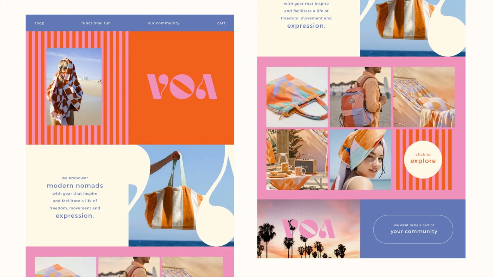VOA visual identity applied across a colorful brand world