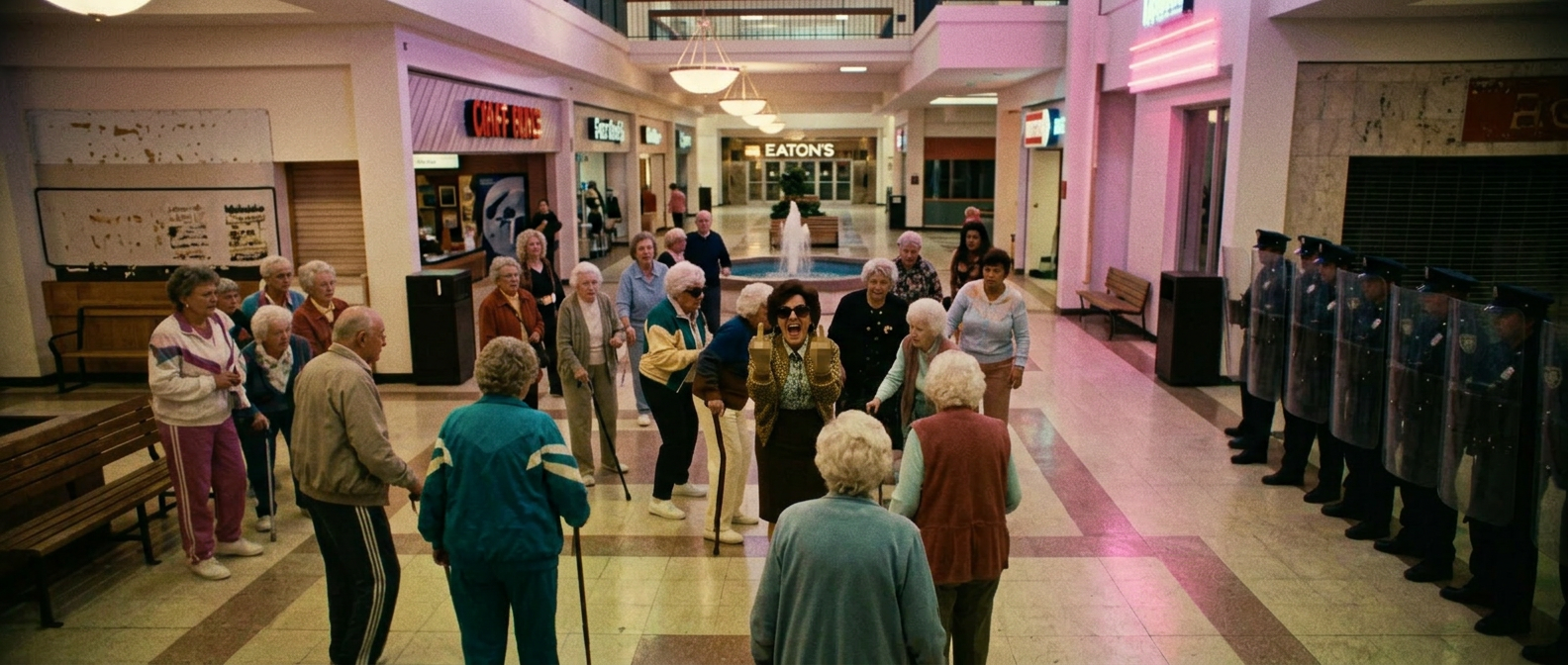 Mall atrium · seniors meet the riot line