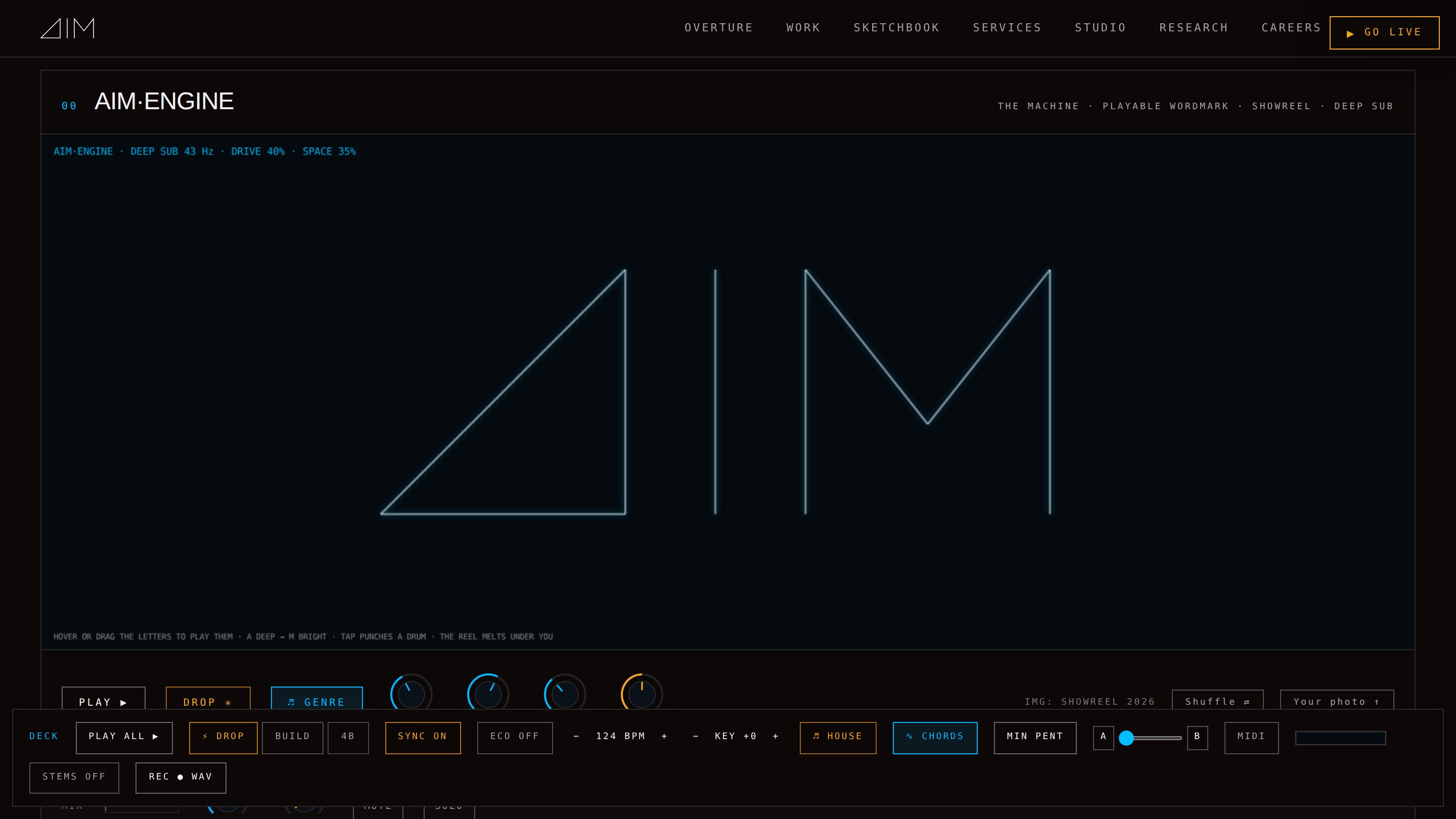 /instruments · AIM·ENGINE — the playable wordmark that leads the lab
