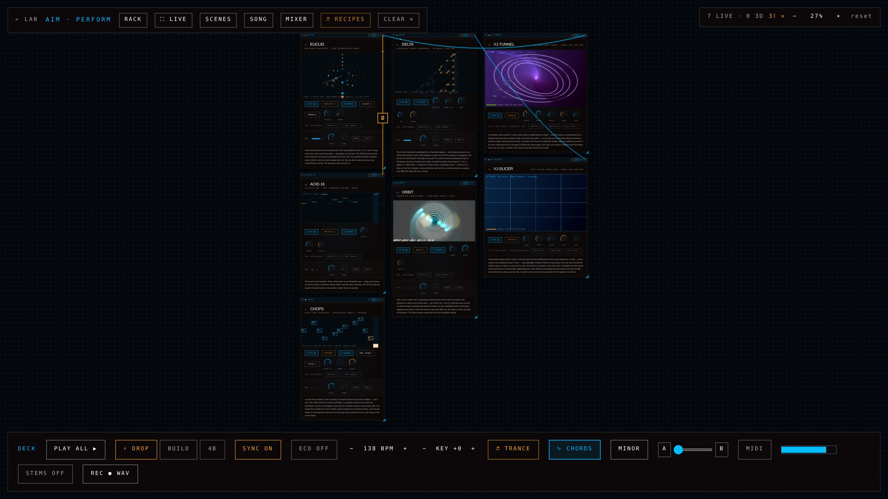 /perform · TRANCE CATHEDRAL recipe, mid-set — screenshot from the running site